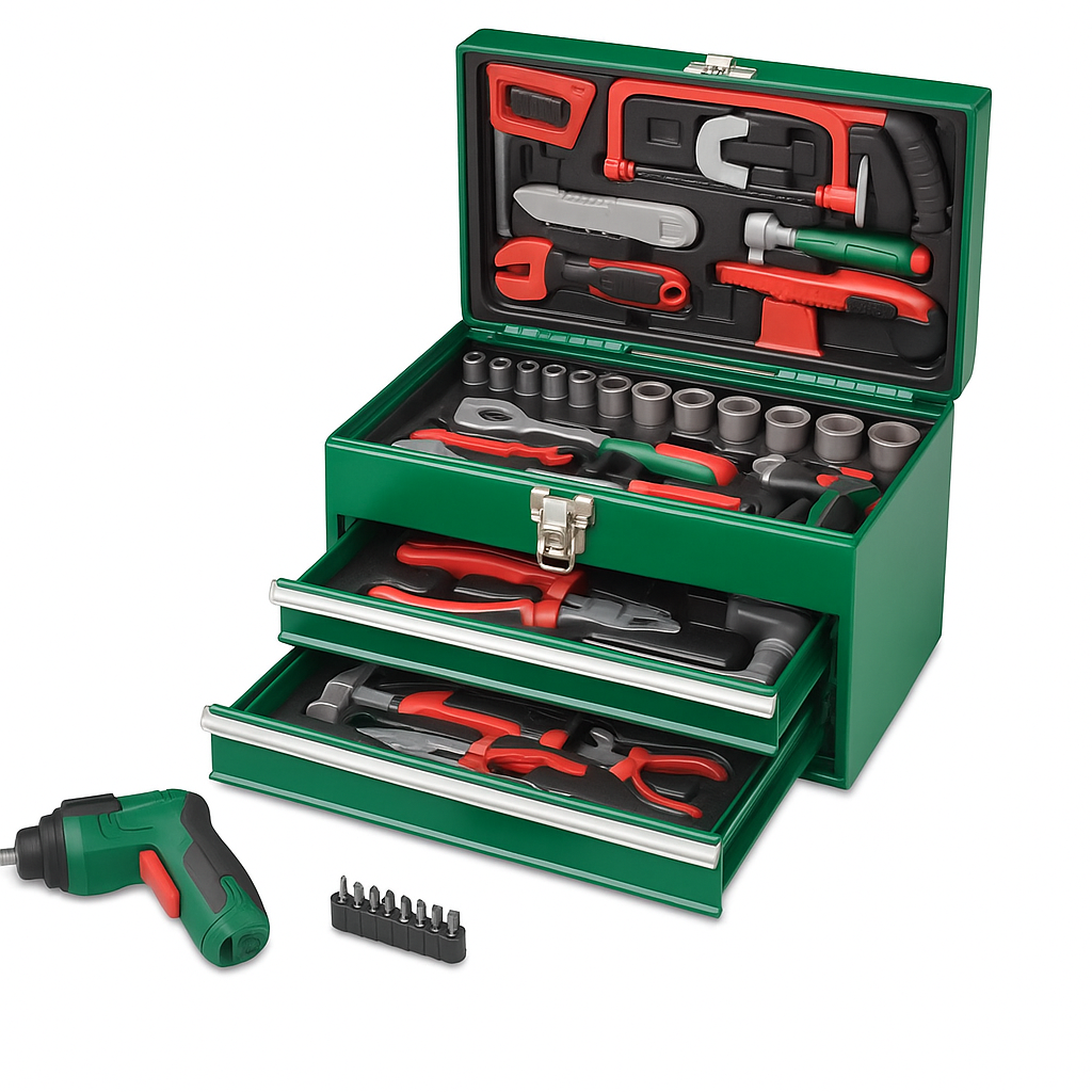 Cassetta degli attrezzi con avvitatore a batteria